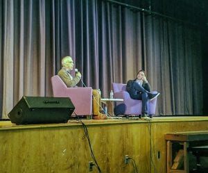 Authors David and Nic Sheff seated onstage at TZHS