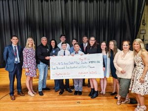 NJHS members, advisors and faculty hold large check for Hi Tor Animal Shelter