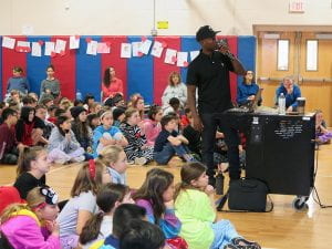 James McLeod speaking to fourth and fifth graders at Cottage Lane Elementary