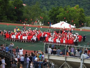 Senior Class throw mortarboards at end of graduation